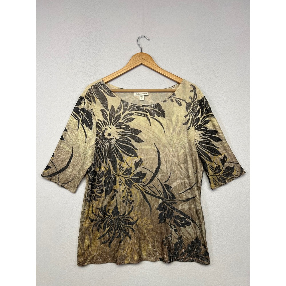 Art to Wear Boho Coldwater Creek Womens XL Gold Floral Crinkle Elbow Sleeve Top